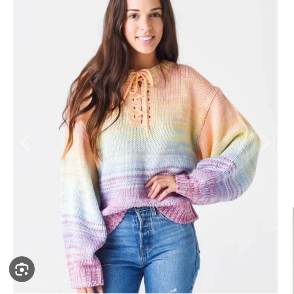 525 Lace Up V Neck Rainbow Sweater